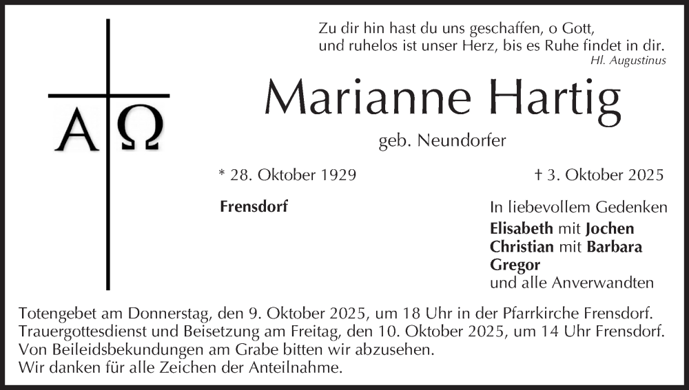  Traueranzeige für Marianne Hartig vom 08.10.2025 aus MGO