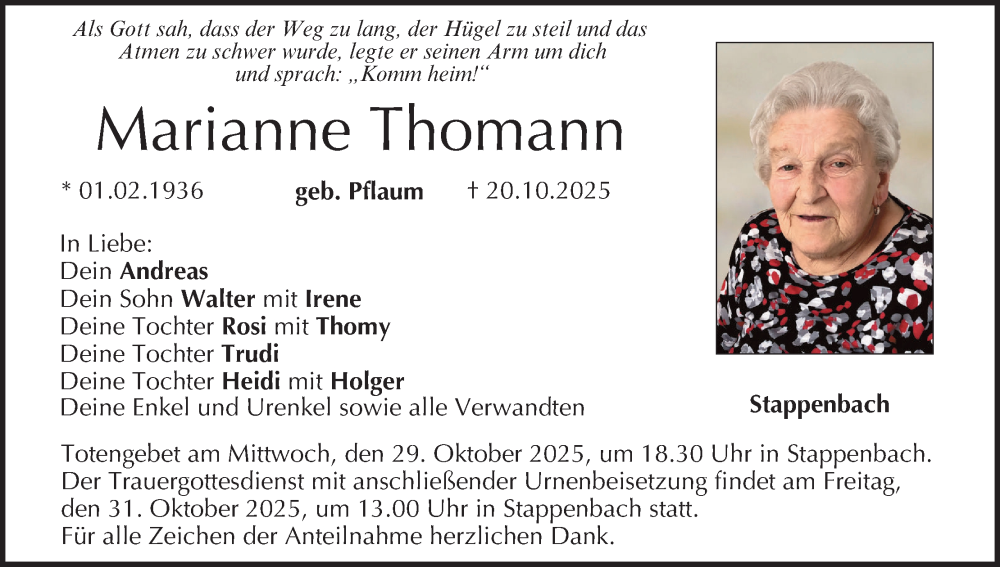  Traueranzeige für Marianne Thomann vom 25.10.2025 aus MGO