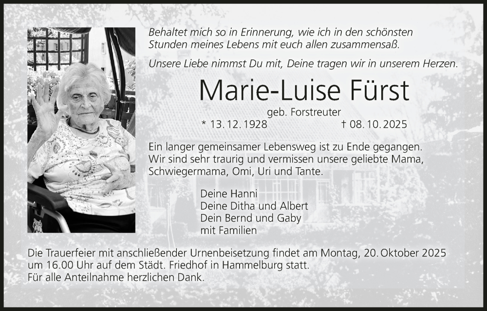  Traueranzeige für Marie-Luise Fürst vom 18.10.2025 aus MGO