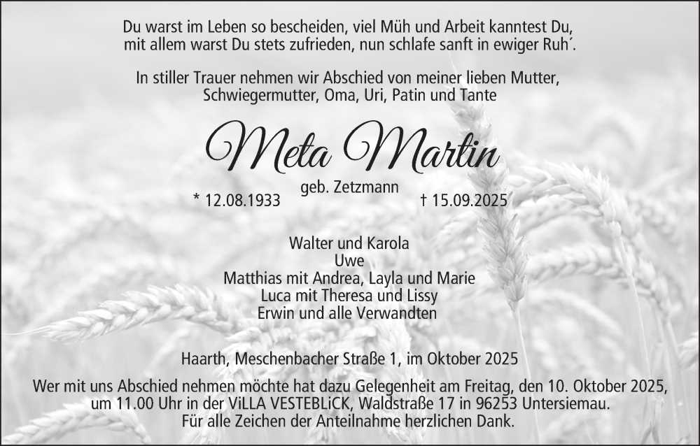  Traueranzeige für Meta Martin vom 04.10.2025 aus MGO