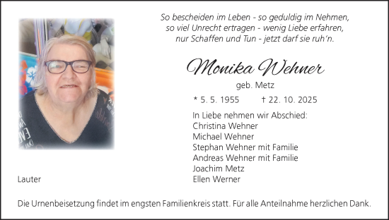 Anzeige von Monika Wehner von MGO