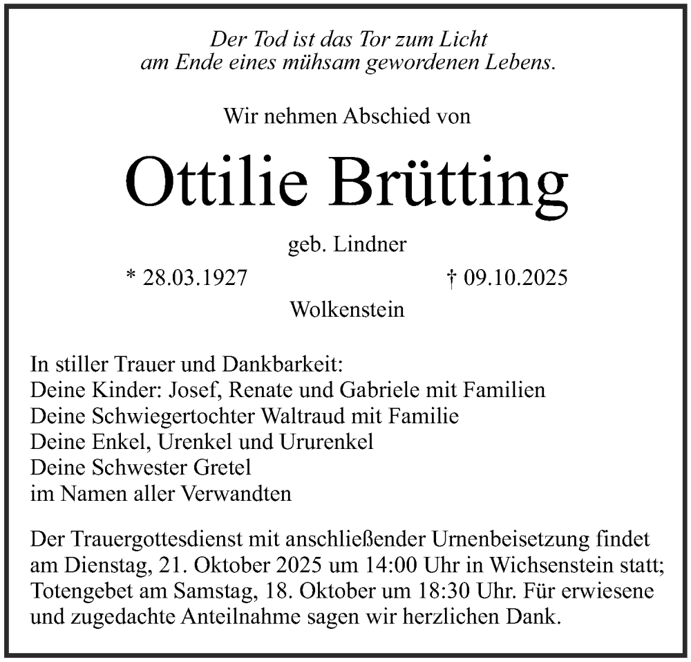  Traueranzeige für Ottilie Brütting vom 16.10.2025 aus MGO
