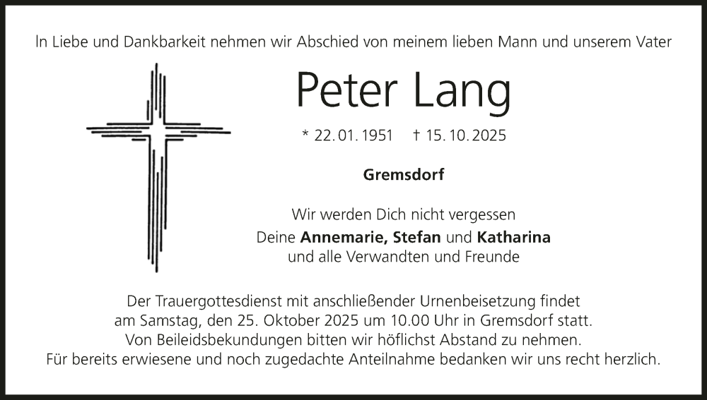  Traueranzeige für Peter Lang vom 23.10.2025 aus MGO