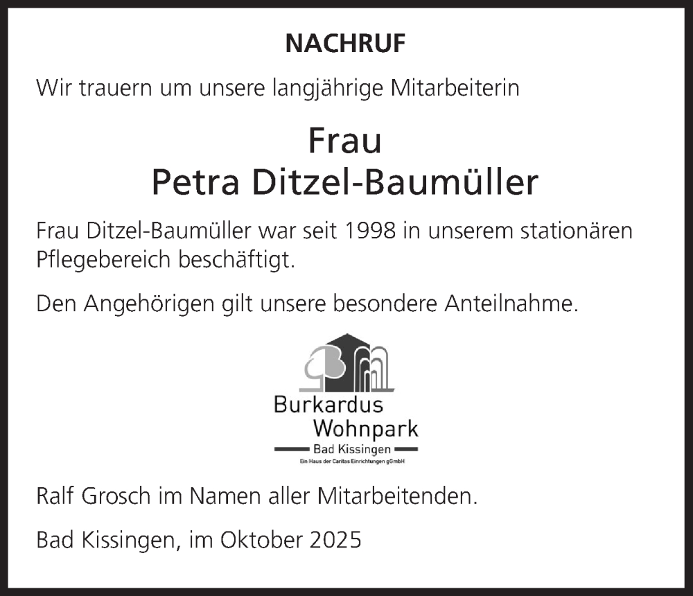  Traueranzeige für Petra Ditzel-Baumüller vom 10.10.2025 aus MGO