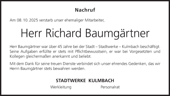 Anzeige von Richard Baumgärtner von MGO