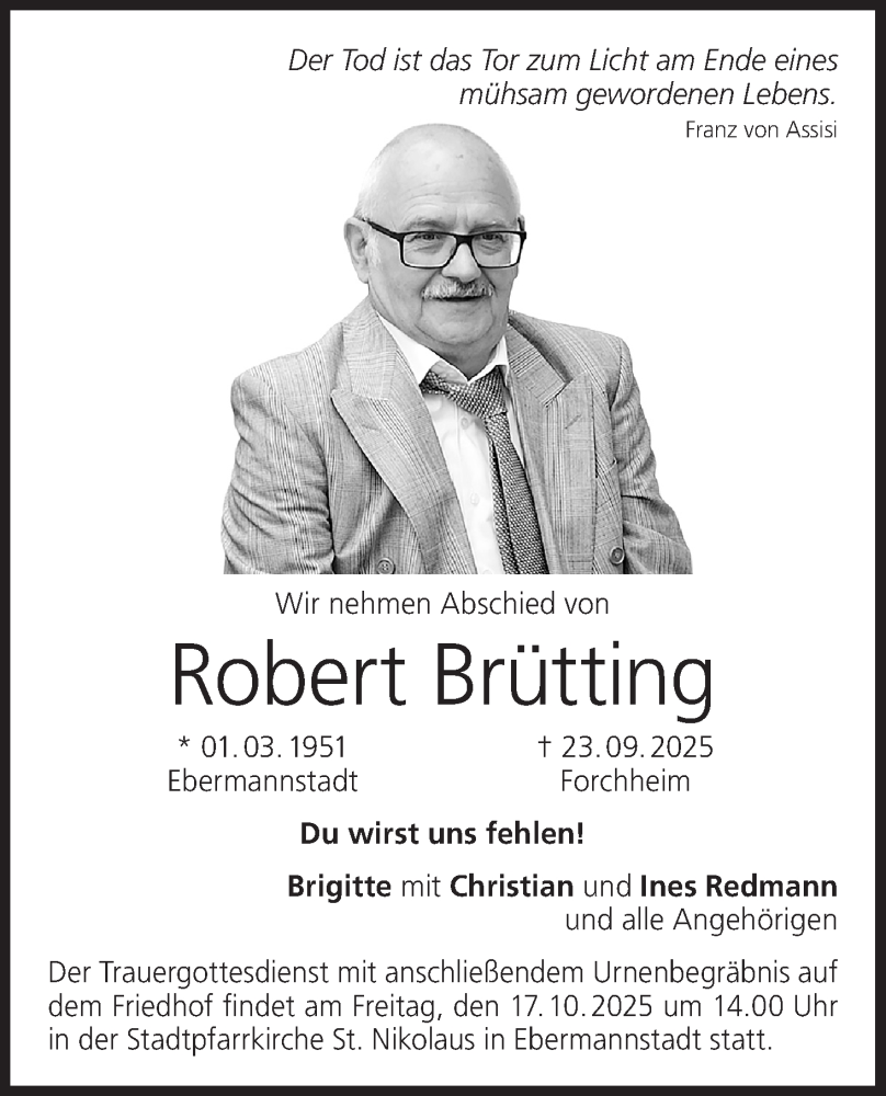  Traueranzeige für Robert Brütting vom 11.10.2025 aus MGO