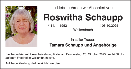 Anzeige von Roswitha Schaupp von MGO