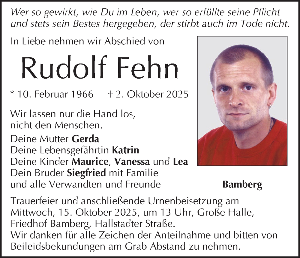  Traueranzeige für Rudolf Fehn vom 11.10.2025 aus MGO