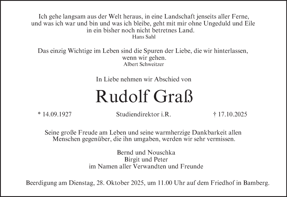  Traueranzeige für Rudolf Graß vom 25.10.2025 aus MGO