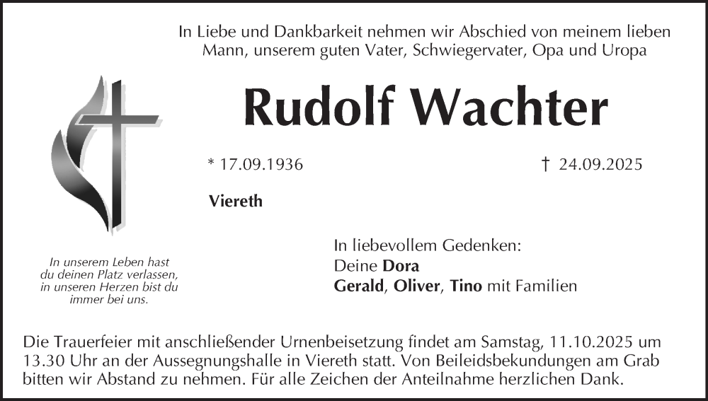  Traueranzeige für Rudolf Wachter vom 04.10.2025 aus MGO
