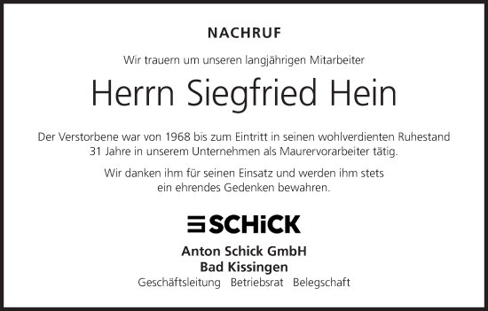 Anzeige von Siegfried Hein von MGO