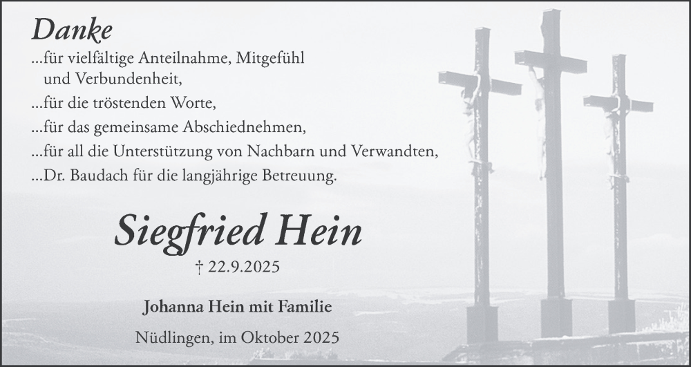  Traueranzeige für Siegfried Hein vom 25.10.2025 aus MGO