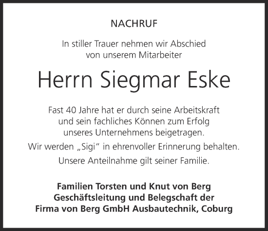 Anzeige von Siegmar Eske von MGO