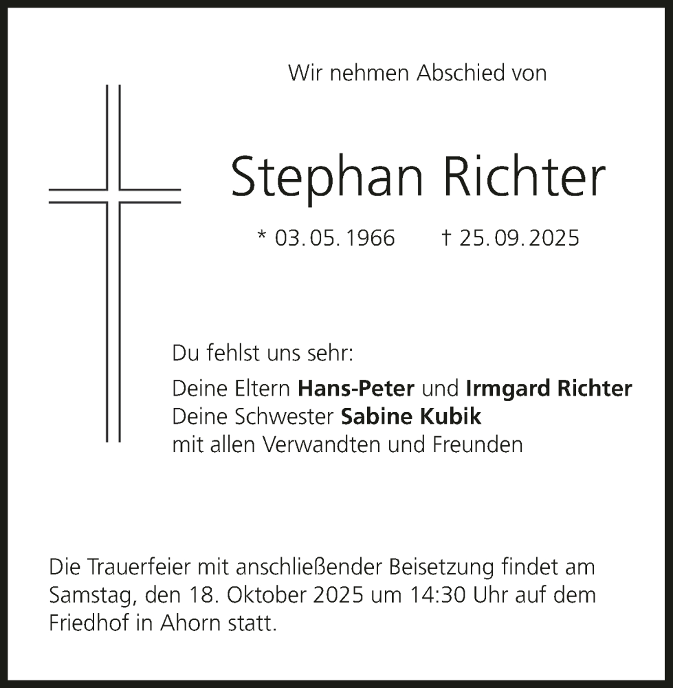  Traueranzeige für Stephan Richter vom 04.10.2025 aus MGO