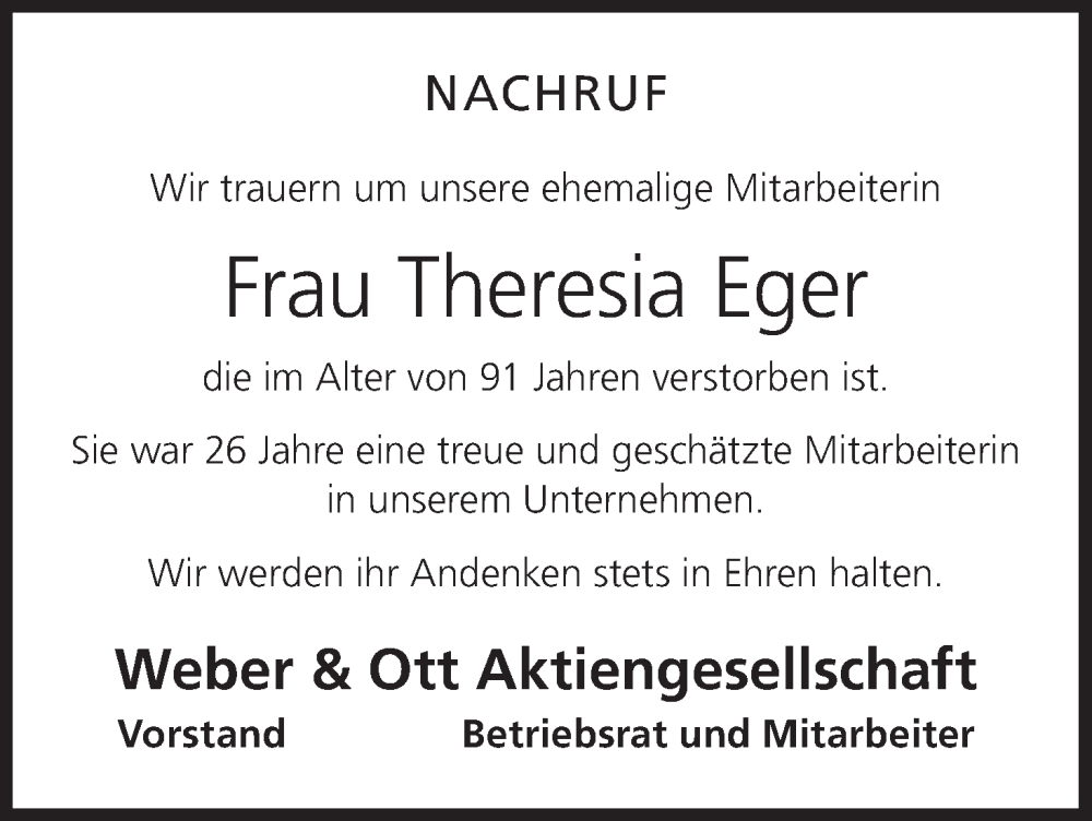  Traueranzeige für Theresia Eger vom 14.10.2025 aus MGO