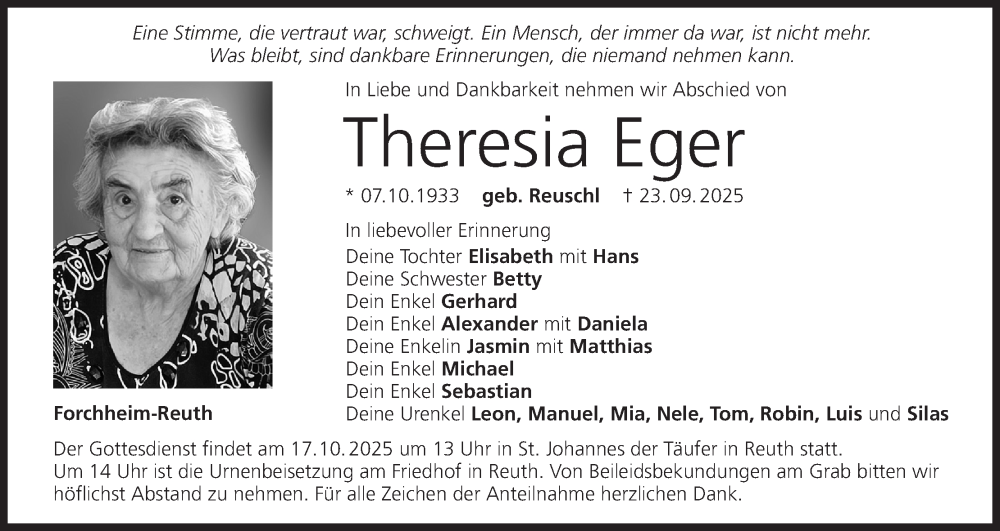  Traueranzeige für Theresia Eger vom 11.10.2025 aus MGO
