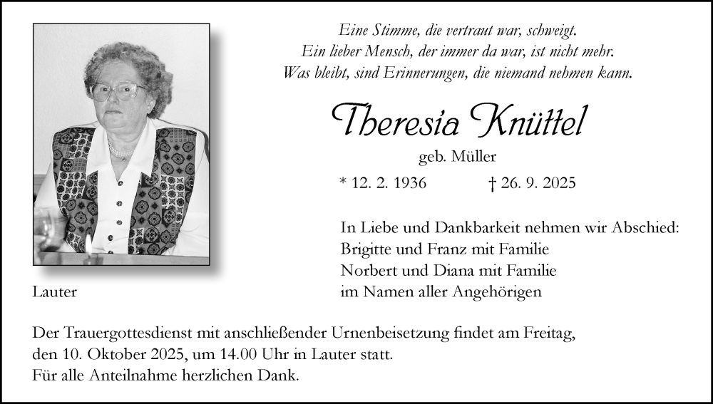  Traueranzeige für Theresia Knüttel vom 04.10.2025 aus MGO