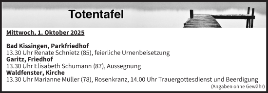Anzeige von Totentafel vom 01.10.2025 von MGO
