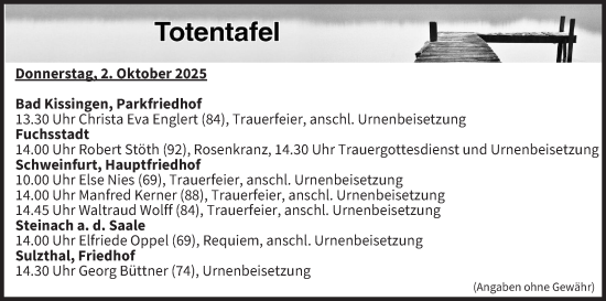 Anzeige von Totentafel vom 02.10.2025 von MGO