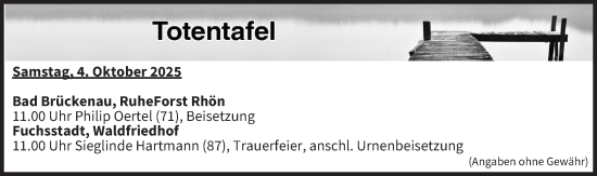 Anzeige von Totentafel vom 04.10.2025 von MGO