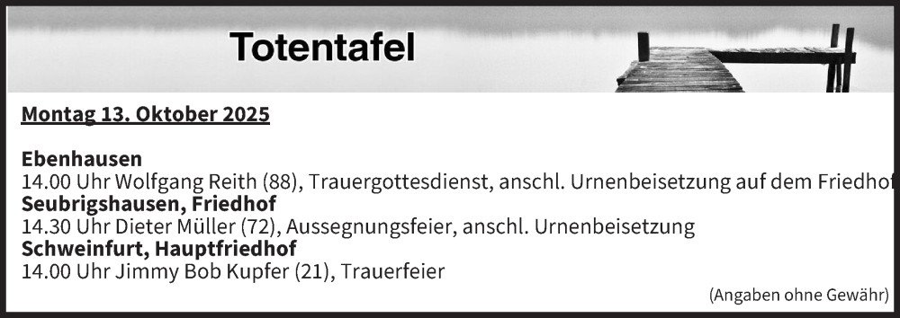  Traueranzeige für Totentafel vom 13.10.2025 vom 13.10.2025 aus MGO