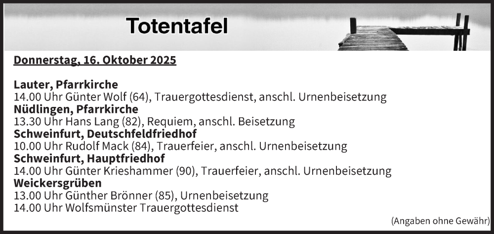  Traueranzeige für Totentafel vom 16.10.2025 vom 16.10.2025 aus MGO