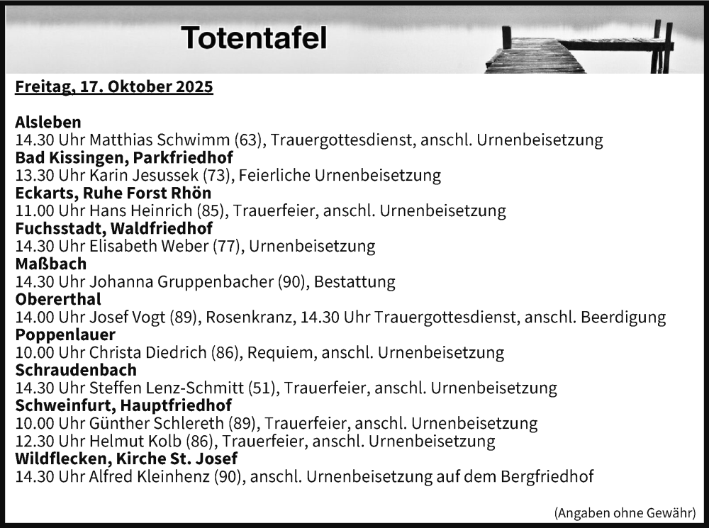  Traueranzeige für Totentafel vom 17.10.2025 vom 17.10.2025 aus MGO