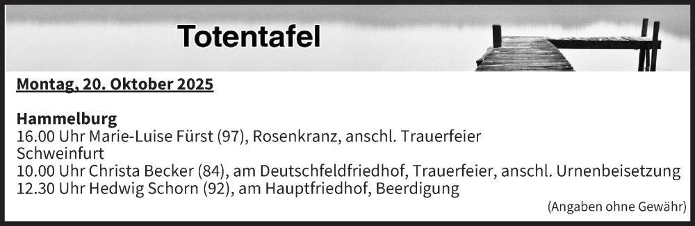  Traueranzeige für Totentafel vom 20.10.2025 vom 20.10.2025 aus MGO