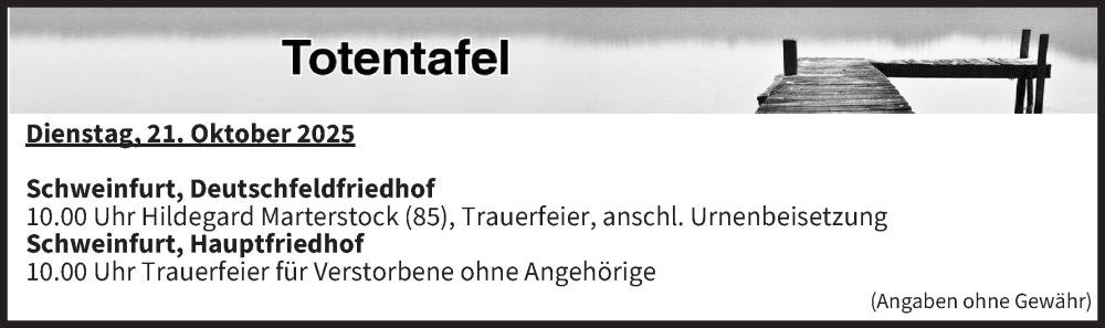  Traueranzeige für Totentafel vom 21.10.2025 vom 21.10.2025 aus MGO