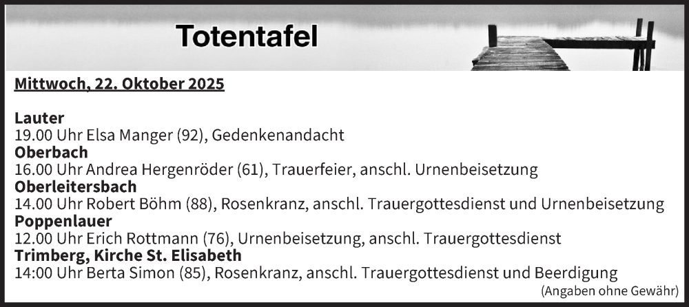  Traueranzeige für Totentafel vom 22.10.2025 vom 22.10.2025 aus MGO