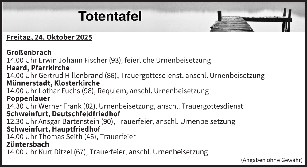  Traueranzeige für Totentafel vom 24.10.2025 vom 24.10.2025 aus MGO