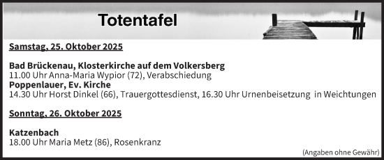 Anzeige von Totentafel vom 25.10.2025 von MGO