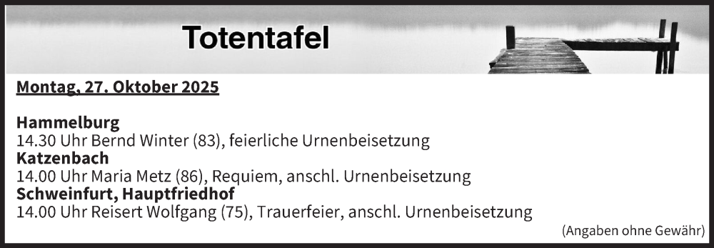  Traueranzeige für Totentafel vom 27.10.2025 vom 27.10.2025 aus MGO