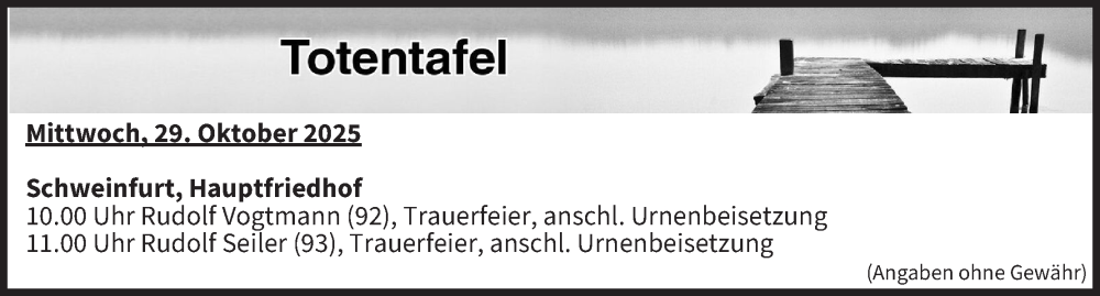  Traueranzeige für Totentafel vom 29.10.2025 vom 29.10.2025 aus MGO
