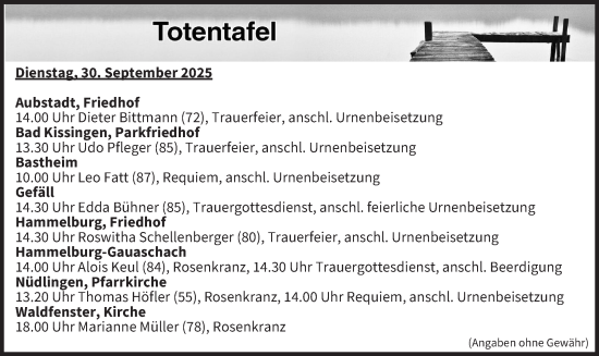 Anzeige von Totentafel vom 30.09.2025 von MGO