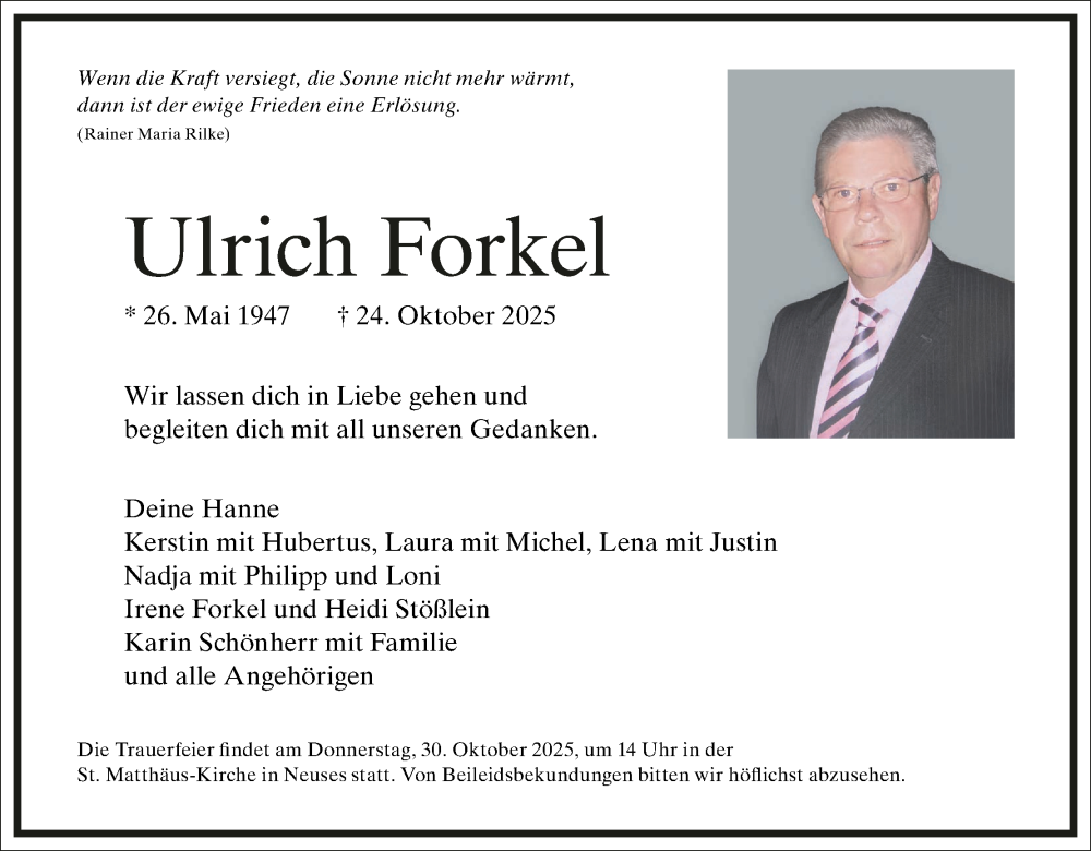  Traueranzeige für Ulrich Forkel vom 28.10.2025 aus MGO