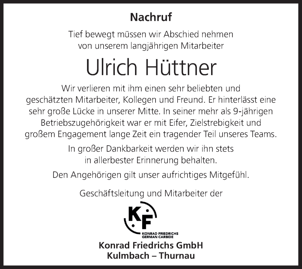  Traueranzeige für Ulrich Hüttner vom 11.10.2025 aus MGO