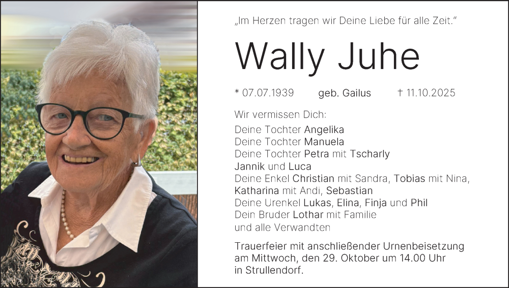  Traueranzeige für Wally Juhe vom 25.10.2025 aus MGO