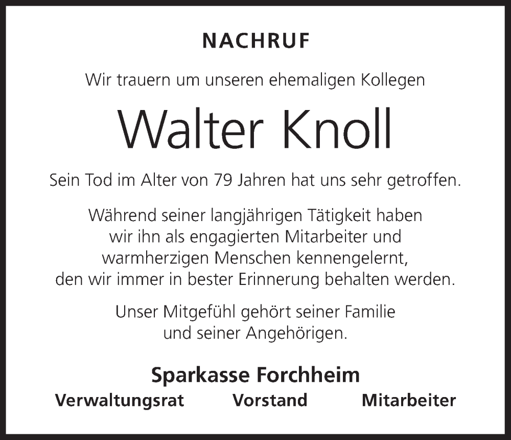  Traueranzeige für Walter Knoll vom 14.10.2025 aus MGO