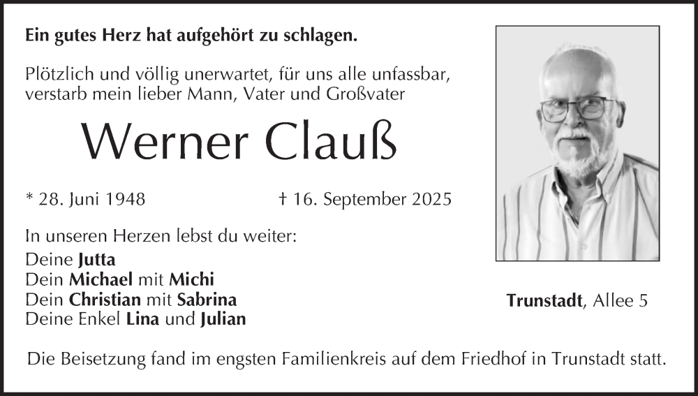  Traueranzeige für Werner Clauß vom 11.10.2025 aus MGO