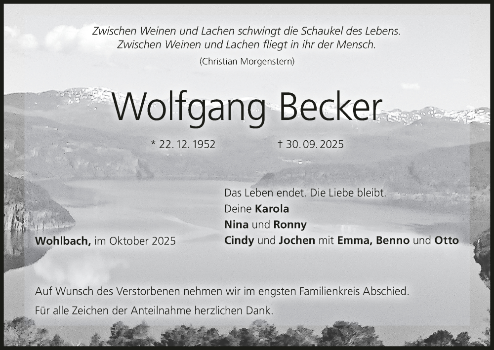  Traueranzeige für Wolfgang Becker vom 11.10.2025 aus MGO