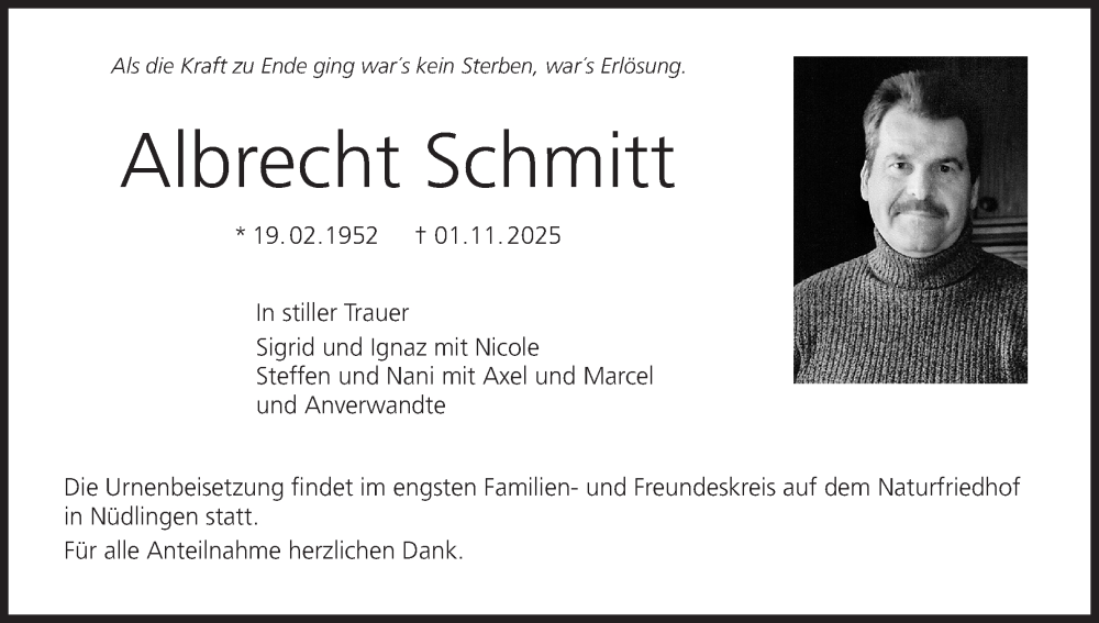  Traueranzeige für Albrecht Schmitt vom 08.11.2025 aus MGO