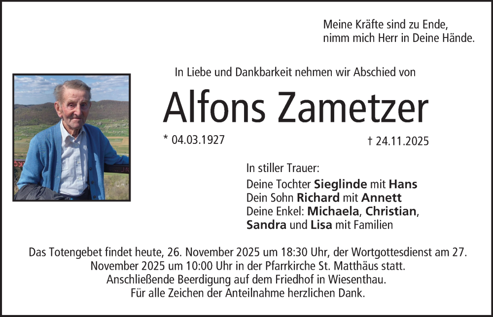  Traueranzeige für Alfons Zametzer vom 26.11.2025 aus MGO