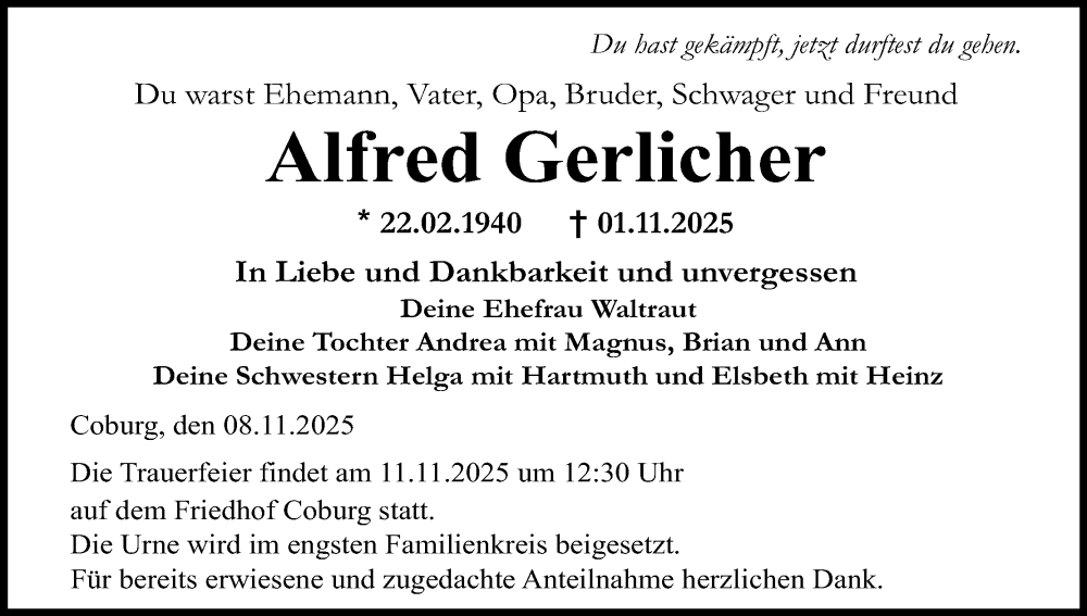  Traueranzeige für Alfred Gerlicher vom 08.11.2025 aus MGO