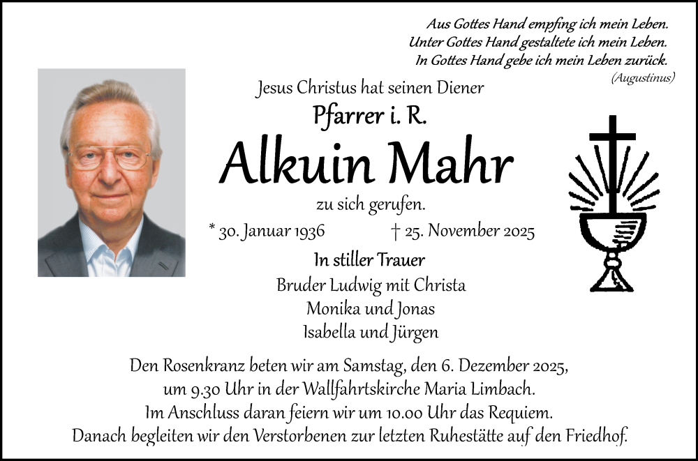  Traueranzeige für Alkuin Mahr vom 29.11.2025 aus MGO
