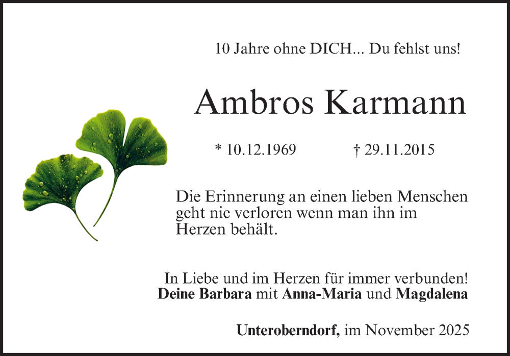  Traueranzeige für Ambros Karmann vom 29.11.2025 aus MGO