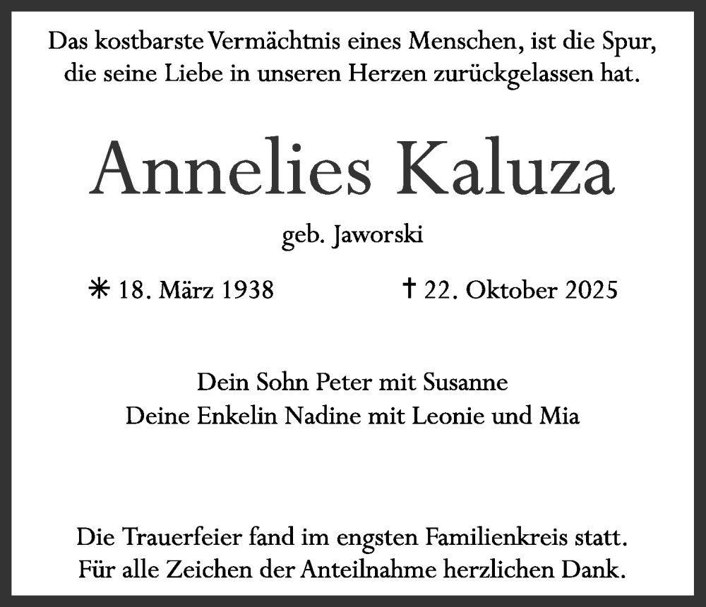  Traueranzeige für Annelies Kaluza vom 15.11.2025 aus MGO