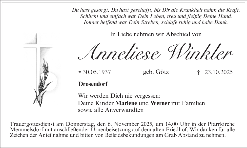  Traueranzeige für Anneliese Winkler vom 31.10.2025 aus MGO