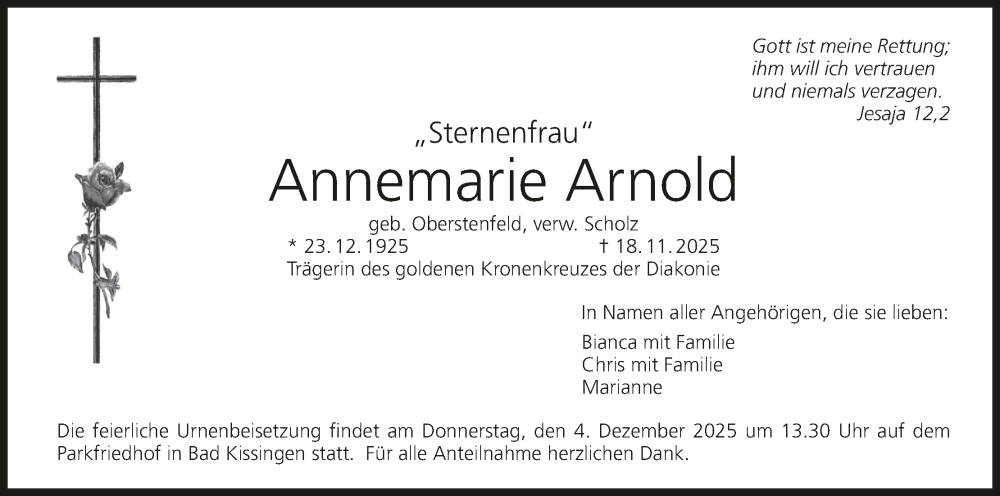  Traueranzeige für Annemarie Arnold vom 29.11.2025 aus MGO