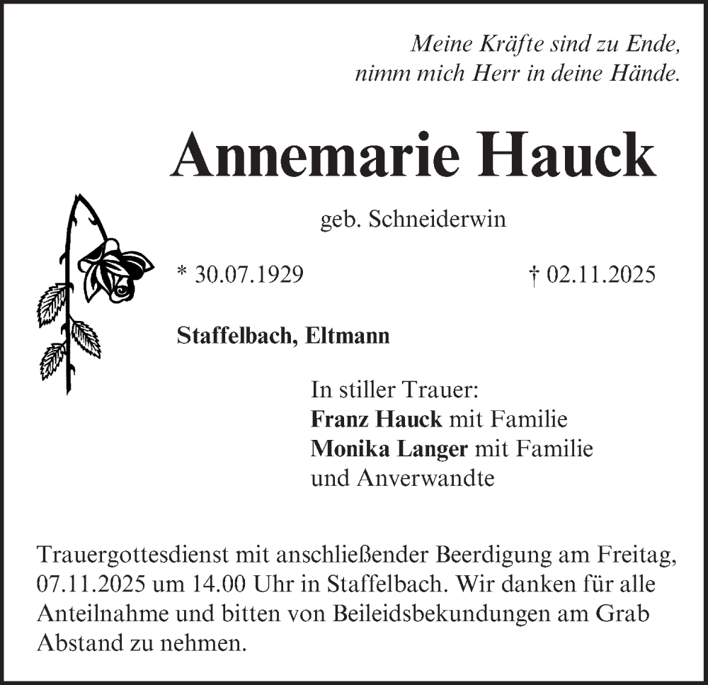  Traueranzeige für Annemarie Hauck vom 05.11.2025 aus MGO